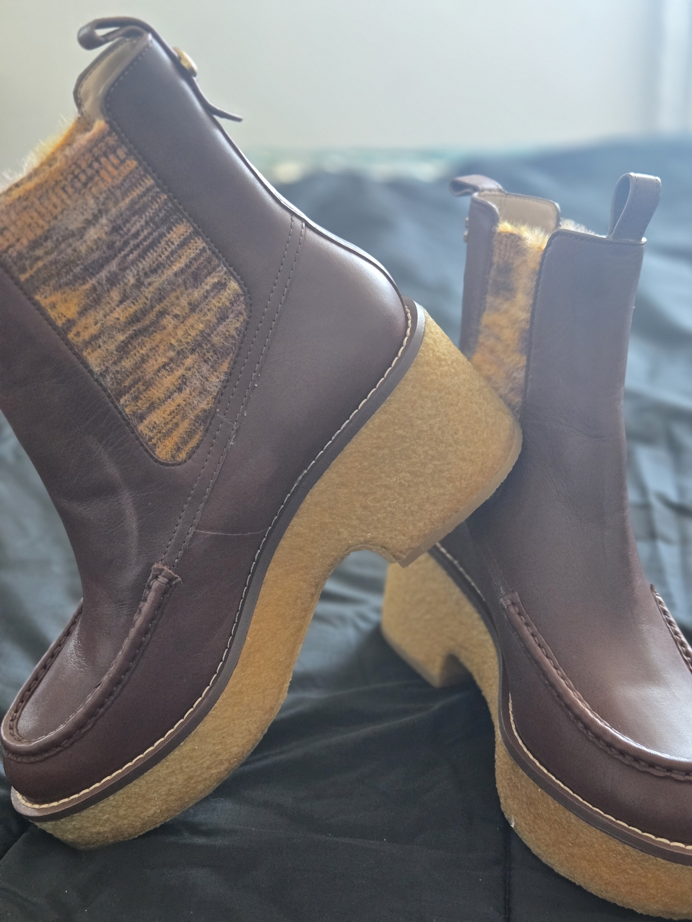 Coach Brown Leather Platform Chelsea Boots with Knit Panel